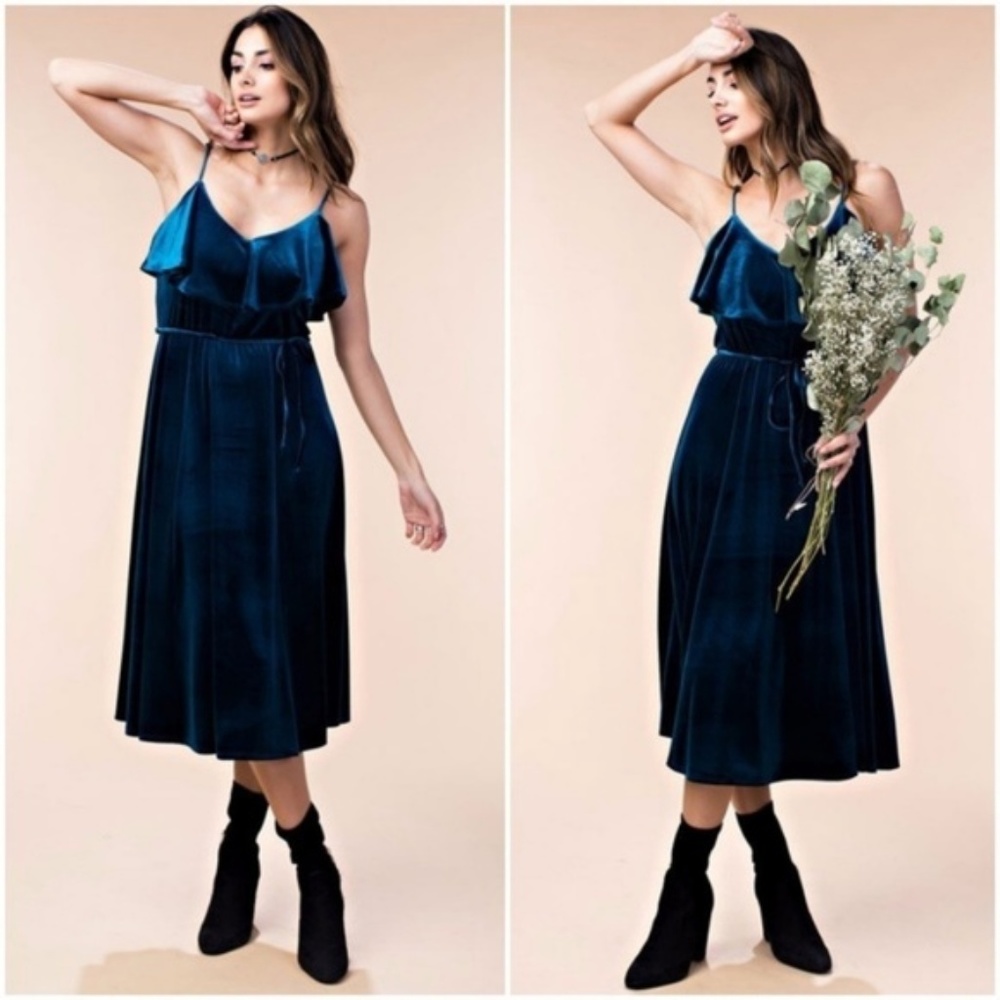 NEW Midi Dress Ruffle Tiered Tie Waist Velvet Teal Blue Cocktail Boutique NWT
